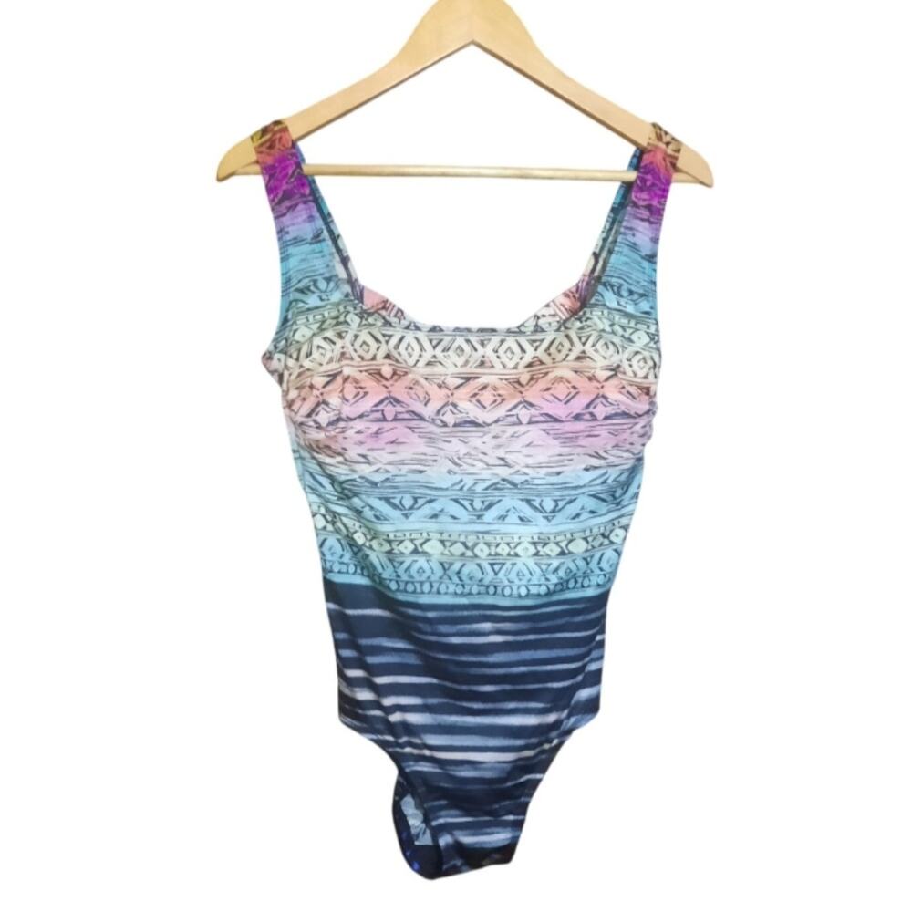 Longitude Womens Aztec and Stripe Print One Piece Swimsuit Size 12